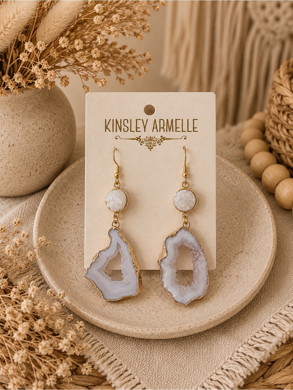 Kinsley Armelle White Druzy & Geode Slice Statement Earrings | Boho Glam